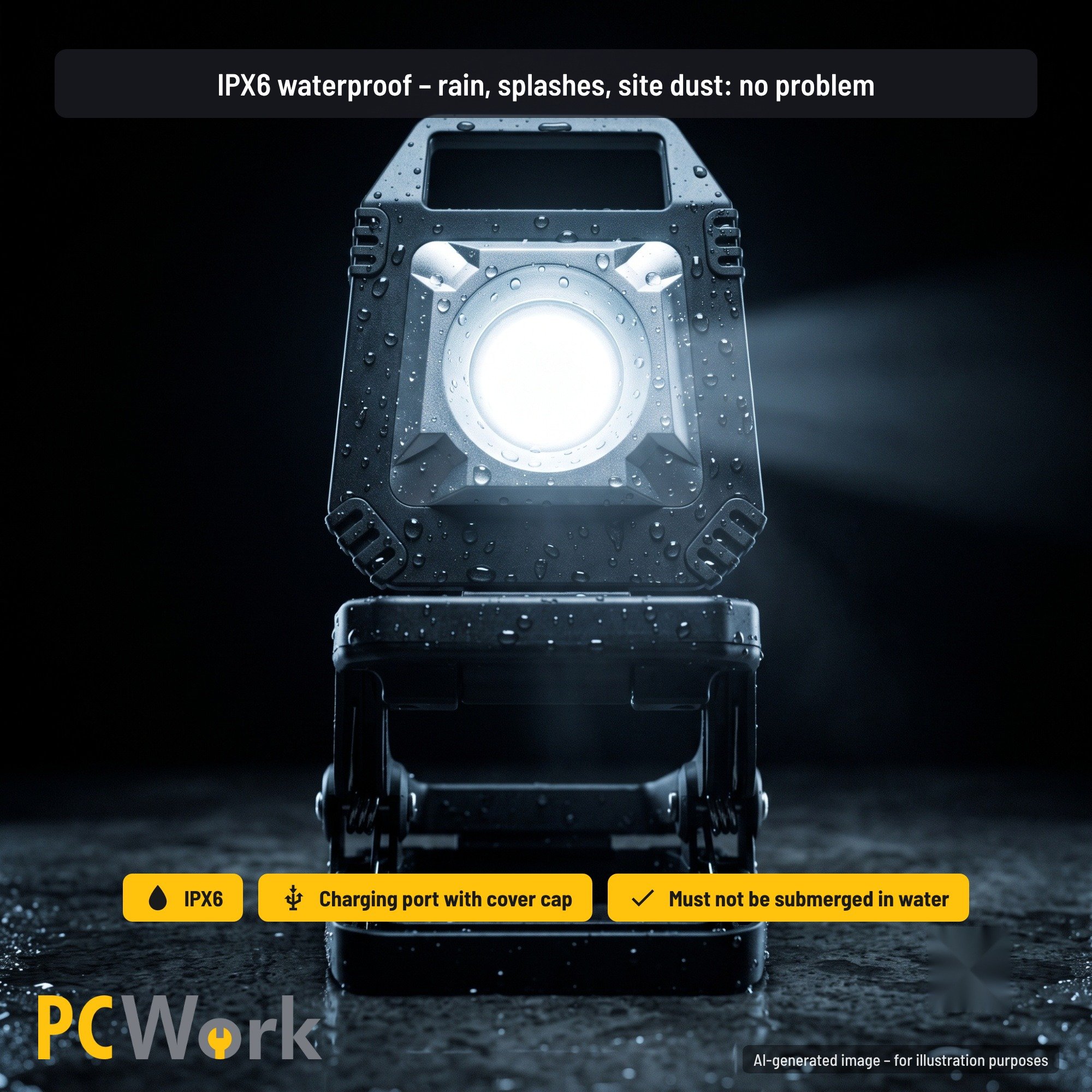 Infografik auf Englisch zur IPX6-Wasserdichtigkeit der PCW12P Arbeitslampe