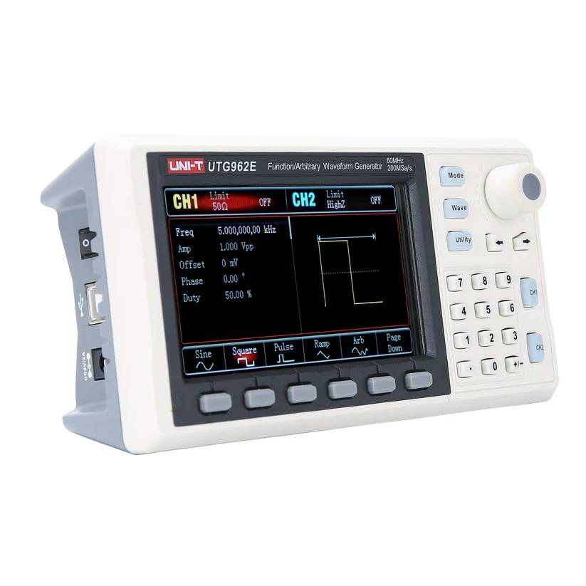 Side view of the compact UNI-T UTG962E function generator, focusing on the USB port, power switch, and DC power jack.