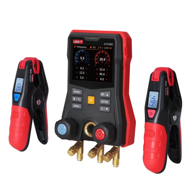 Digital manifold UT336E KIT flanked by two wireless pipe clamp temperature probes