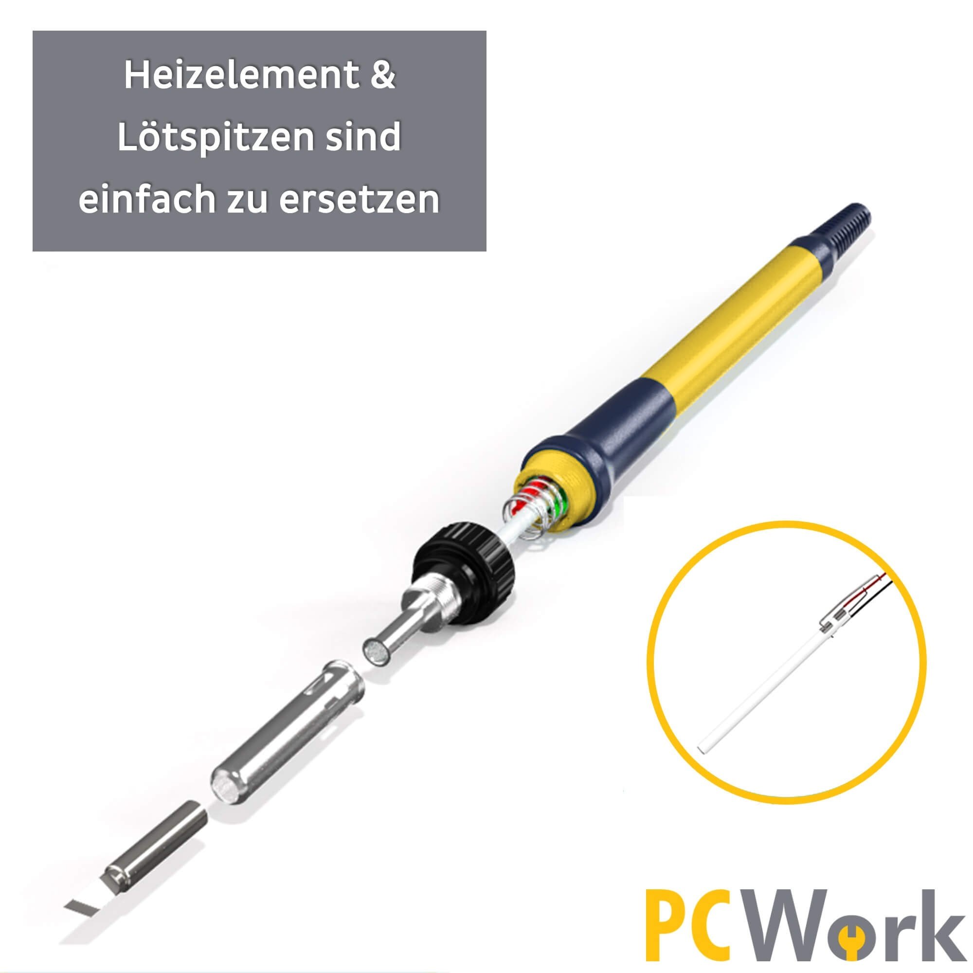 Explosionsansicht des PCW09C Lötkolbens für einfachen Wechsel von Heizelement und Lötspitzen