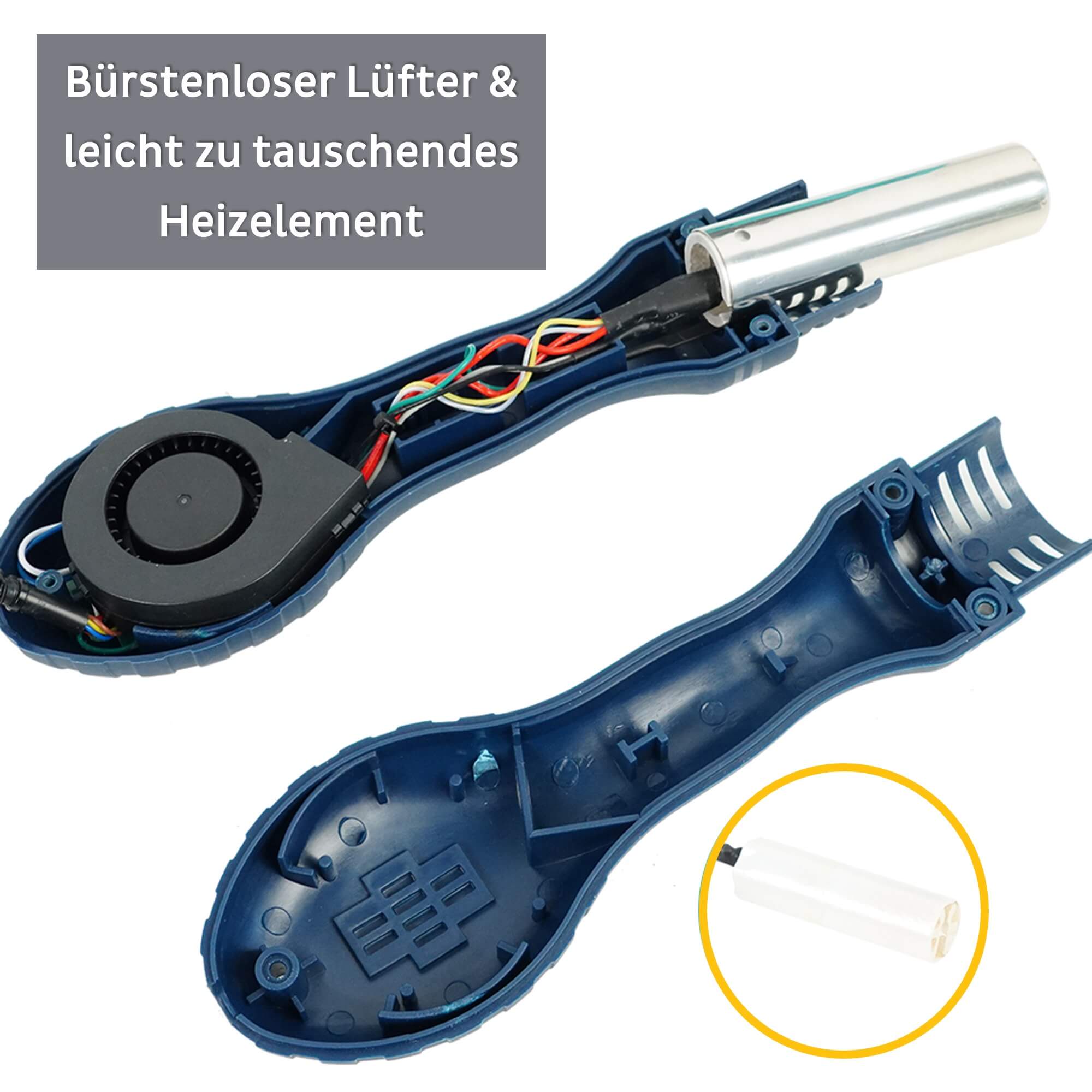PCW09C Heißluftkolben mit bürstenlosem Lüfter und wechselbarem Heizelement im Detail