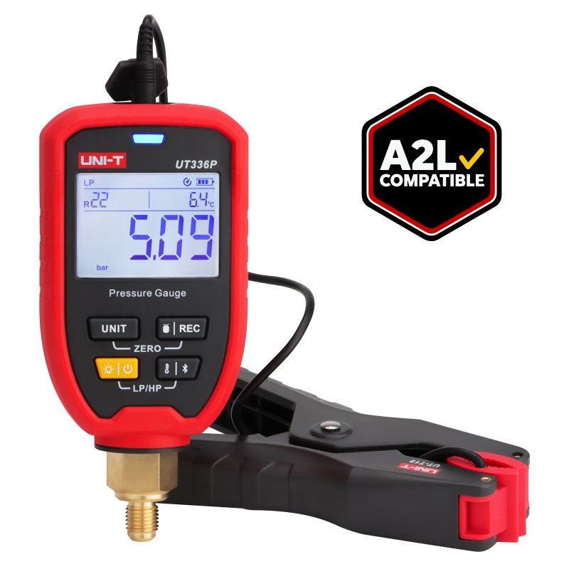UNI-T UT336P KIT digitales Kältemittel-Manometer mit Temperaturzange und A2L-Kompatibilitäts-Badge.