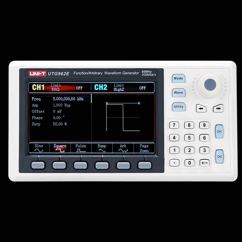 Front view of the UNI-T UTG962E dual-channel function generator with 200 MSa/s sampling rate, isolated on a transparent background.