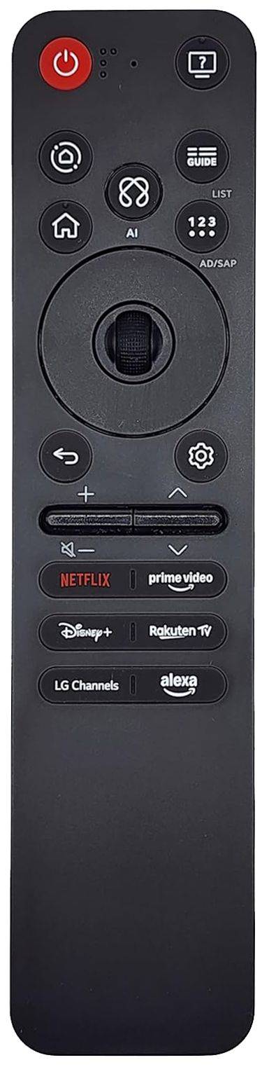 Front view of the JL1502/3 replacement remote control for LG TVs, featuring a scroll wheel, voice control, and buttons for Netflix, Prime Video, and Disney+.