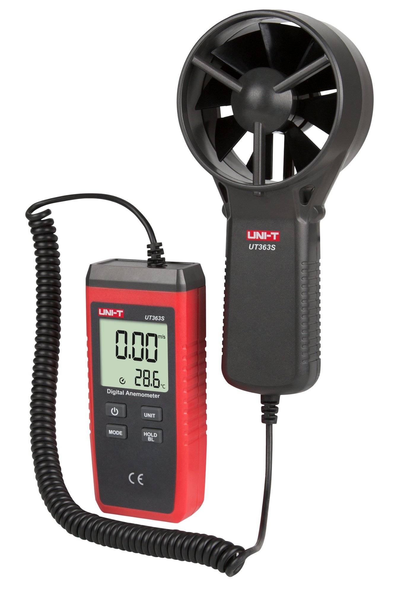 UNI-T UT363S Anemometer mit Split-Flügelradsonde in leicht seitlicher Ansicht