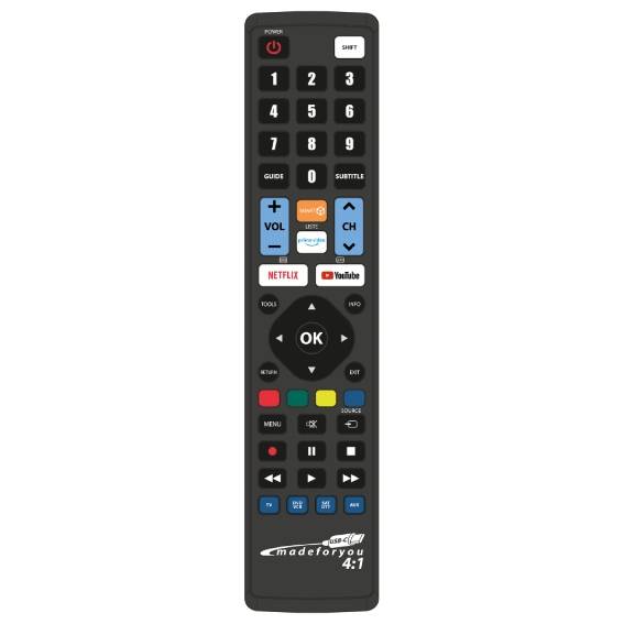 Front view of the JL1771USB 4-in-1 programmable universal remote control with USB-C, featuring dedicated Netflix and YouTube buttons.