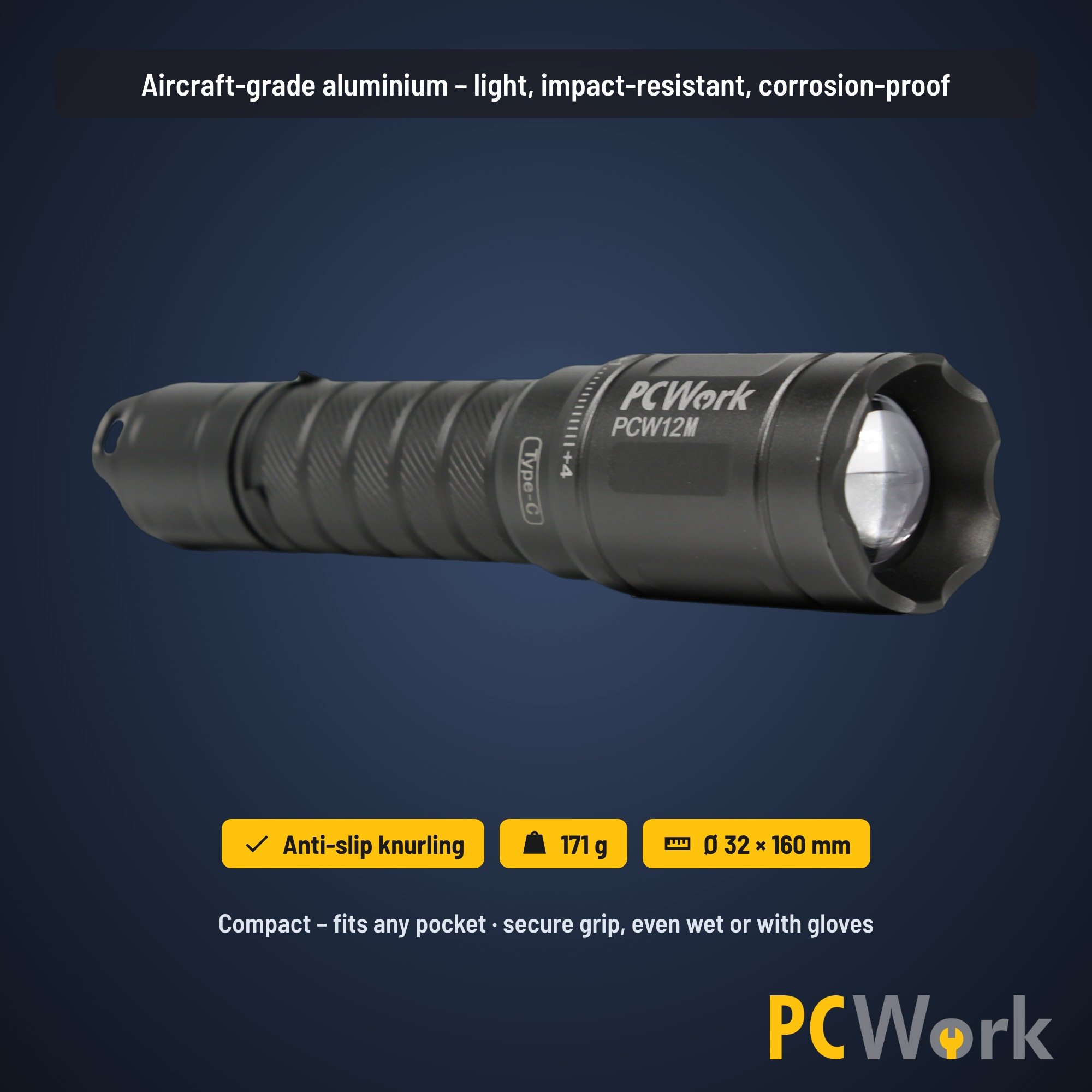 Materialübersicht auf Englisch zur PCW12M LED-Taschenlampe aus Flugzeug-Aluminium