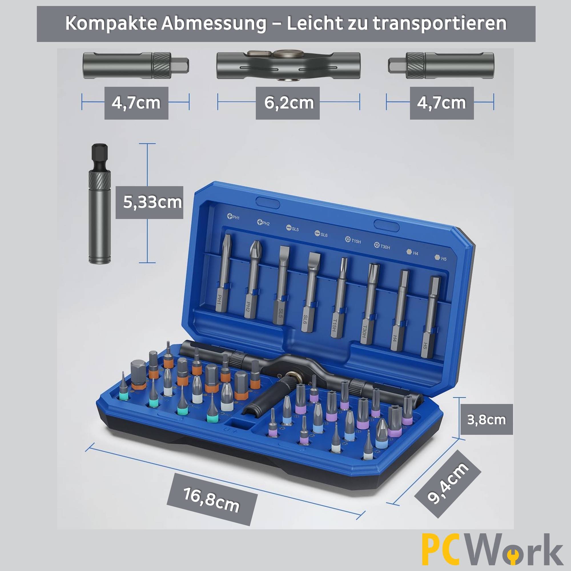 Kompakte Abmessungen des PCWork PCW08K Feinmechanik Ratschen Sets im Etui (16,8 x 9,4 x 3,8 cm) für leichten Transport.