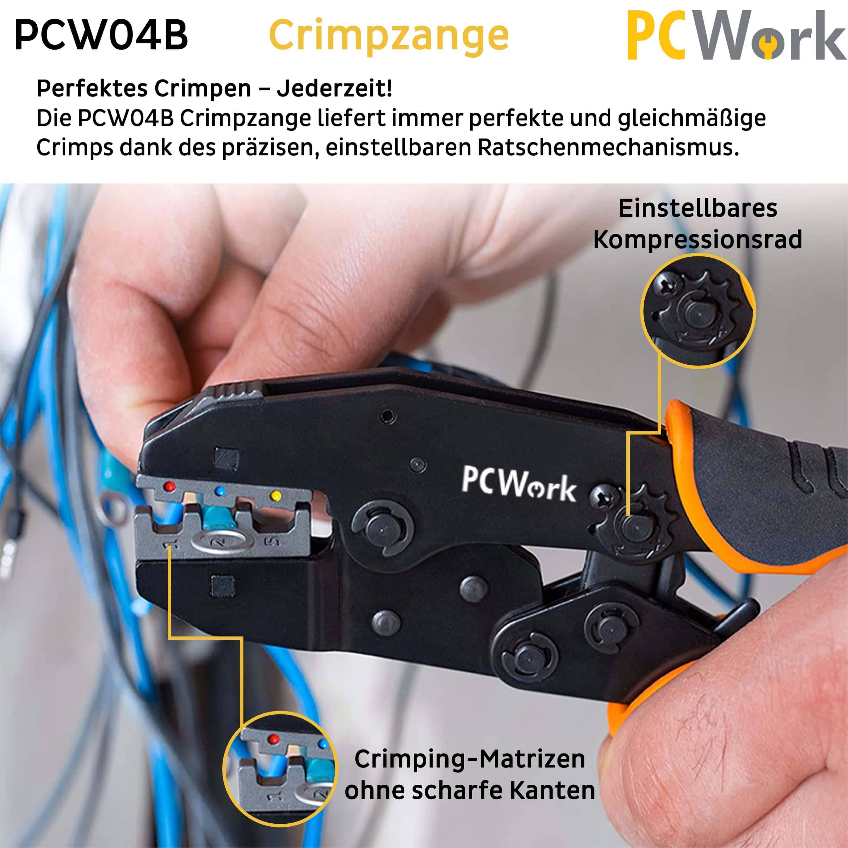 Merkmale der PCW04B Crimpzange: Einstellbares Kompressionsrad und Crimp-Matrizen ohne scharfe Kanten für perfekte Crimps.