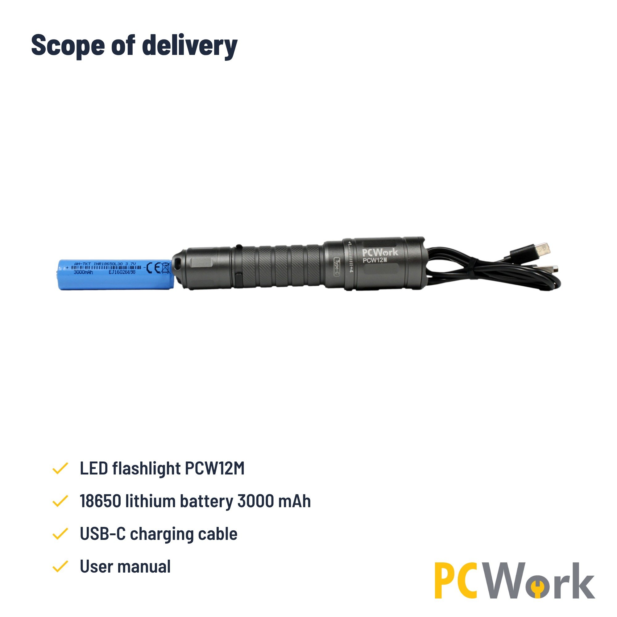Lieferumfang-Übersicht auf Englisch für die PCW12M LED-Taschenlampe inklusive Zubehör
