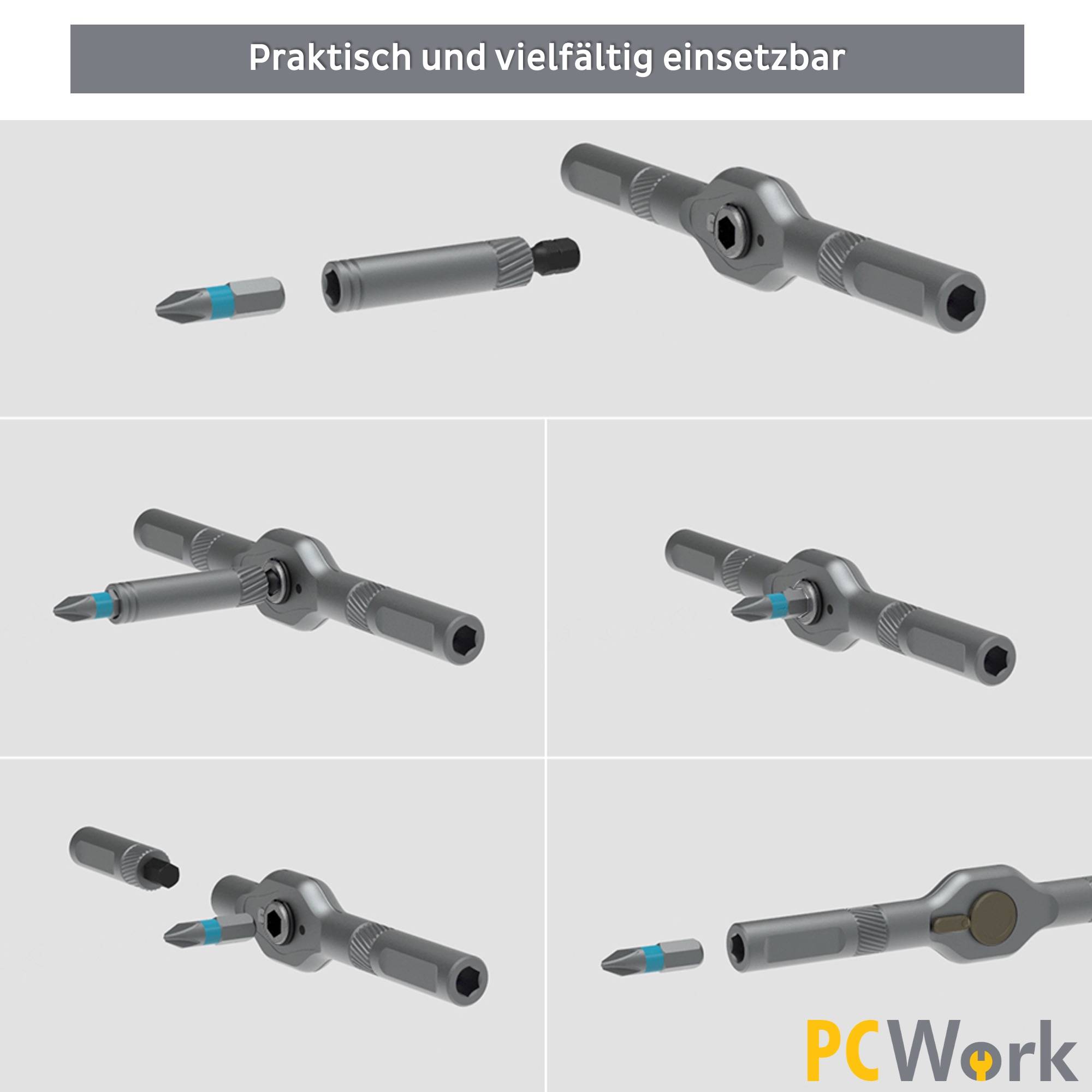 Verschiedene Anwendungs- und Montagebeispiele der praktischen und vielfältigen PCWork PCW08K Mini-Ratsche mit Zubehör.