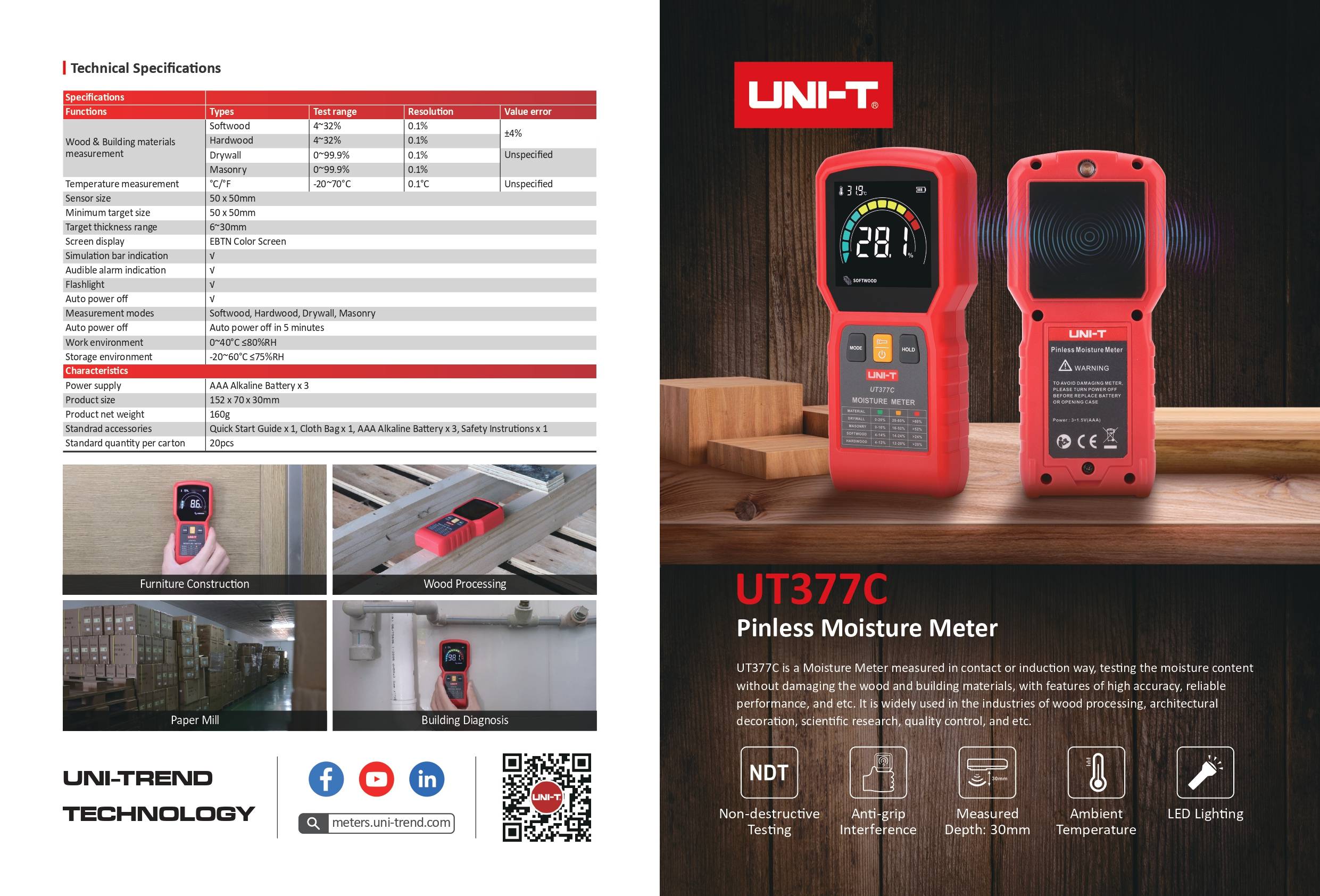 Datenblatt des UNI-T UT377C Feuchtemessgeräts mit technischen Spezifikationen und Anwendungsbeispielen wie Holzverarbeitung und Bauwerksdiagnose.