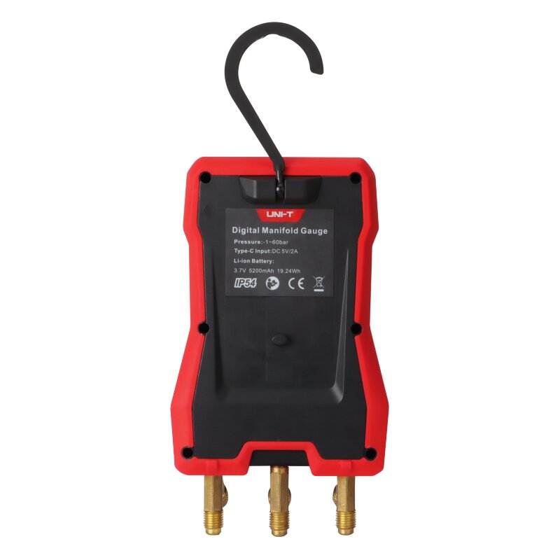 Rear view of the digital manifold gauge UT336E KIT featuring a folding suspension hook