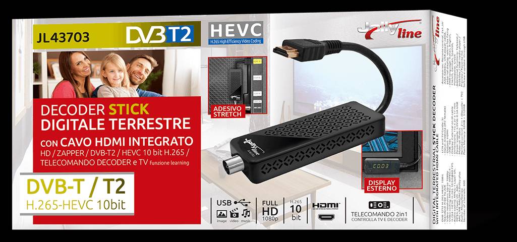 Packaging for the JL43703 DVB-T2 HDMI stick, highlighting features like H.265 HEVC, external display, and 2-in-1 remote control.