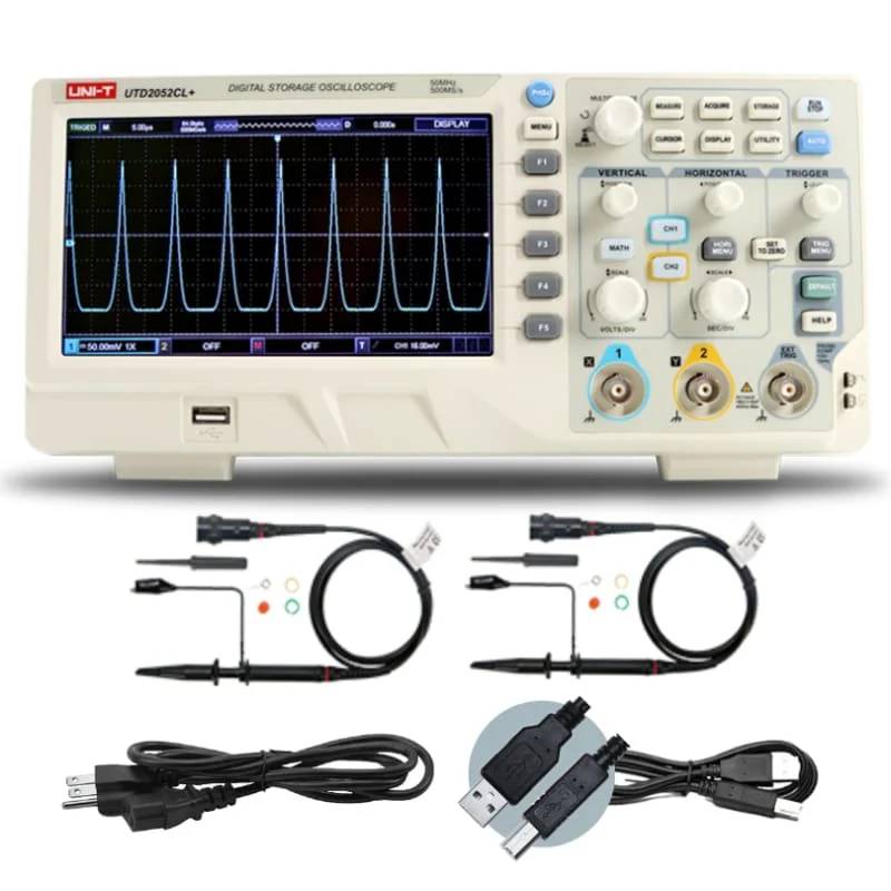 UNI-T UTD2052CL+ Oscilloscope with complete accessories: probes, power cord, and USB cable.