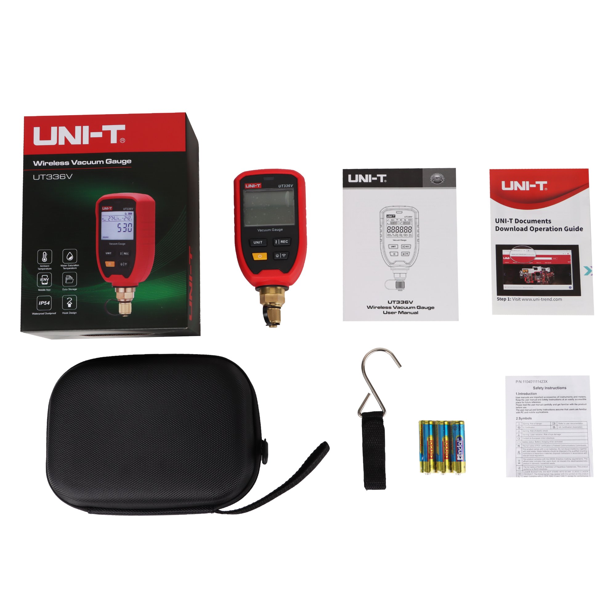 Lieferumfang des UNI-T UT336V Vakuummessgeräts inklusive Schutztasche, Aufhängehaken, Batterien und Anleitung