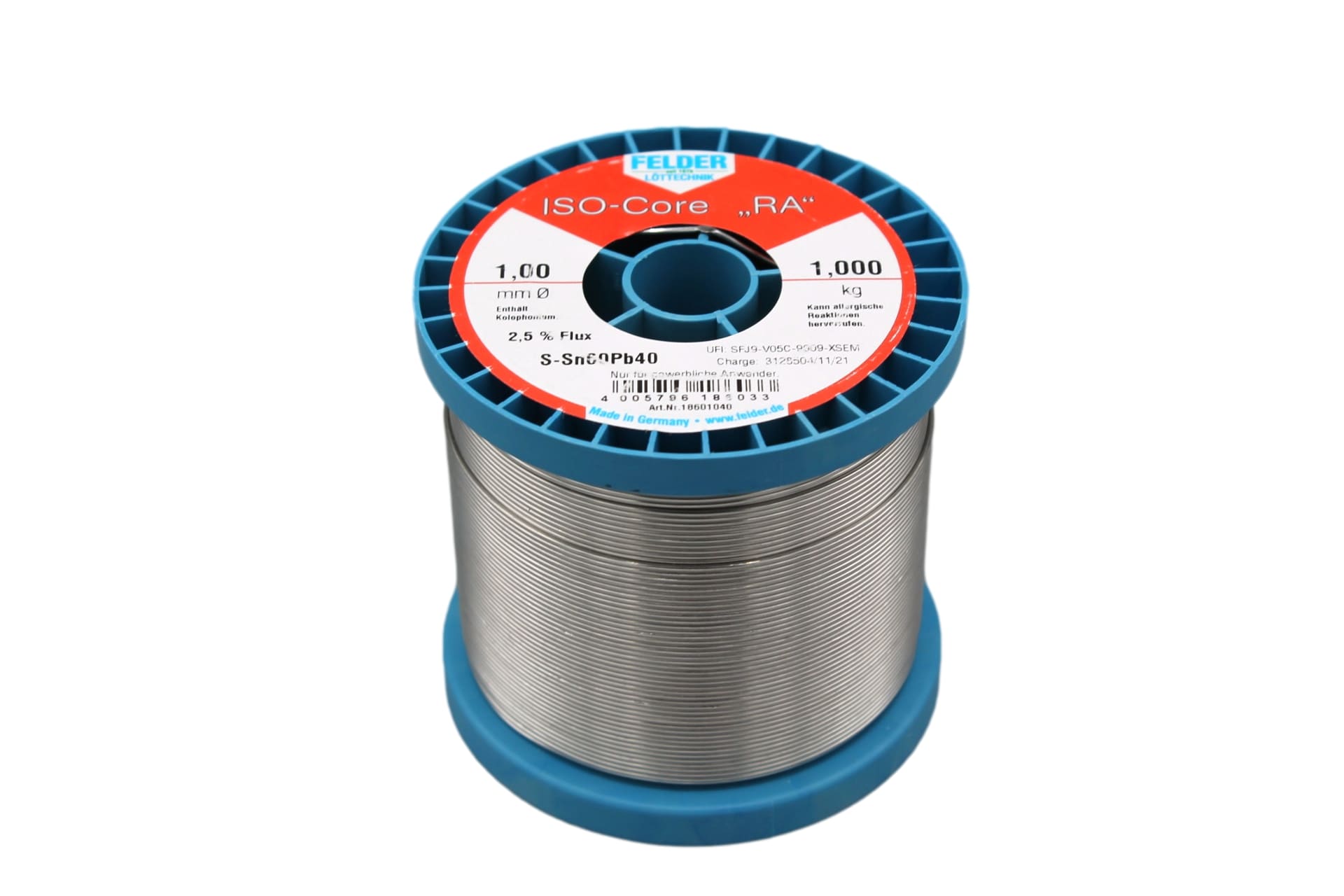 18601040 Felder solder wire, leaded, Sn60Pb40, 1 mm, 1000g, roll