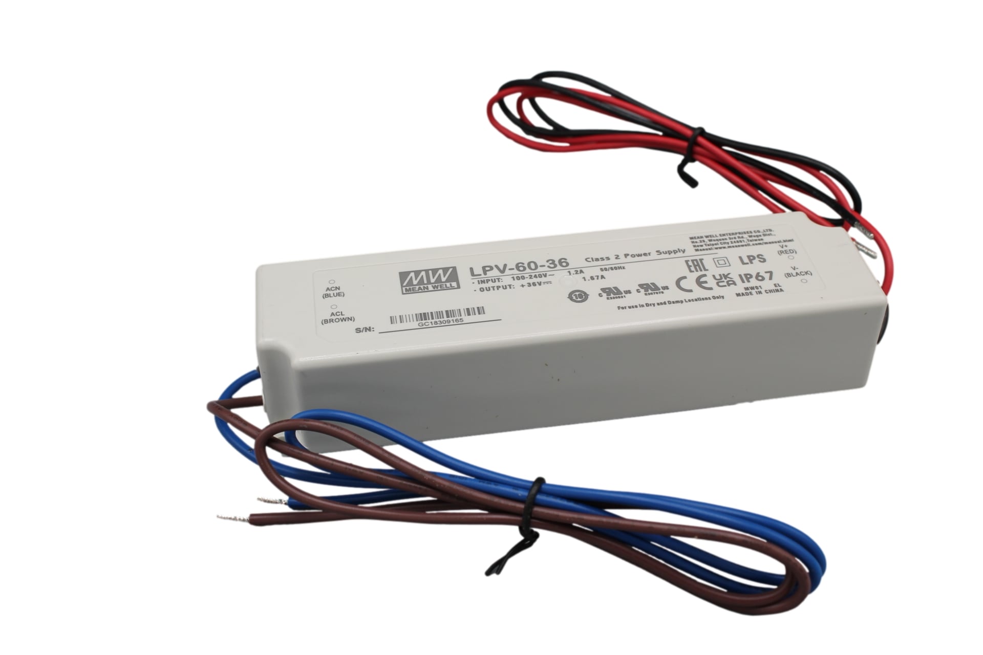 LPV-60-36 Led-Trafo, Class2 60W, 36V, 1,67A CV, MEAN WELL